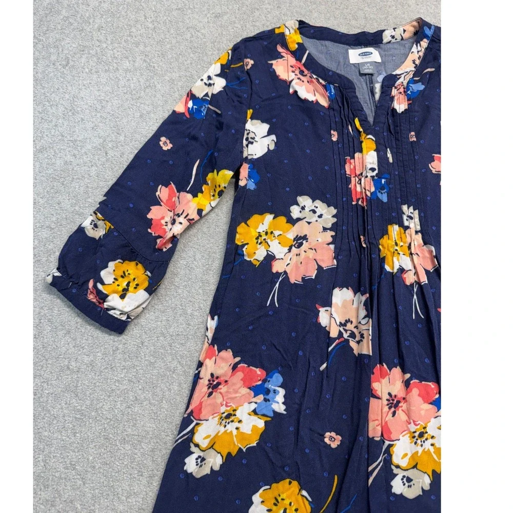 Old Navy Girls 10-12 L Navy Floral Pintuck Dress 3/4 Sleeve Flowy Casual School